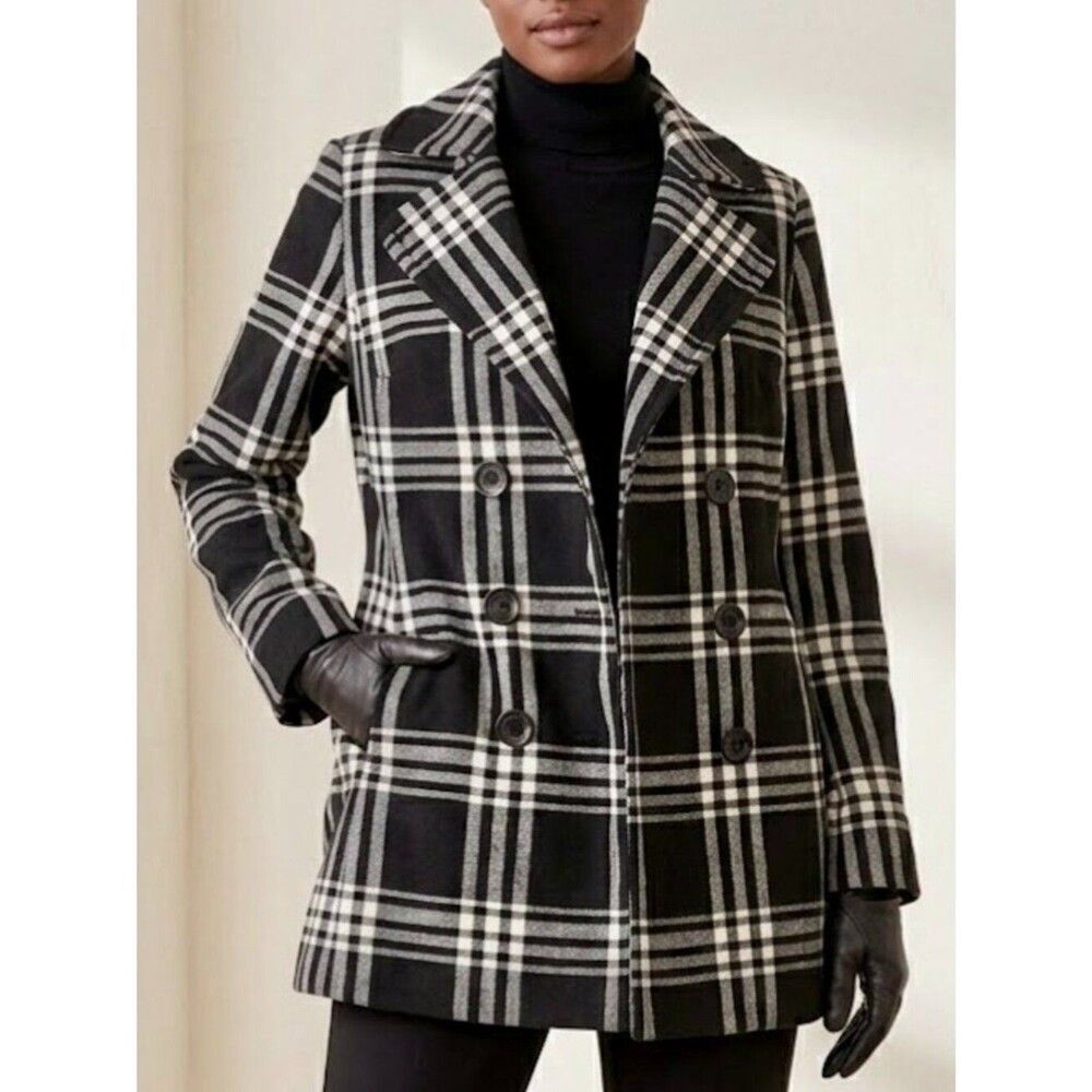 New York & Company Black White Plaid Wool Blend Peacoat Womens 4 Double Breasted